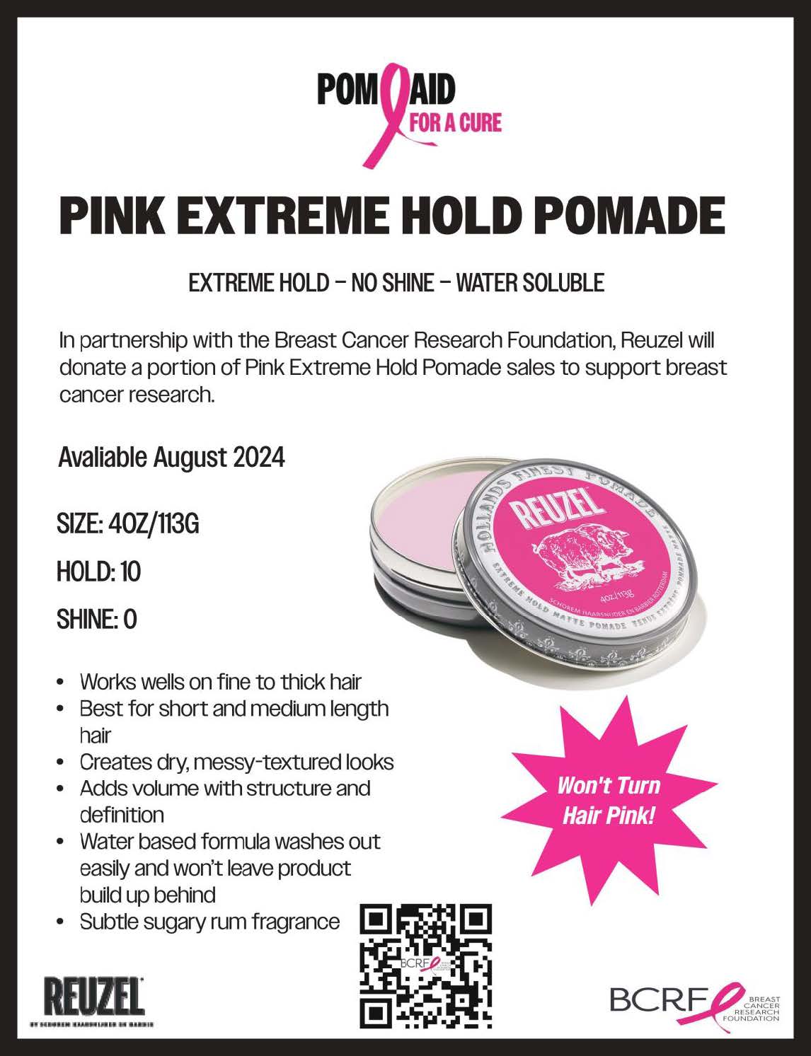 Pommade Reuzel Tenue Extrême Mat Rose - 4oz